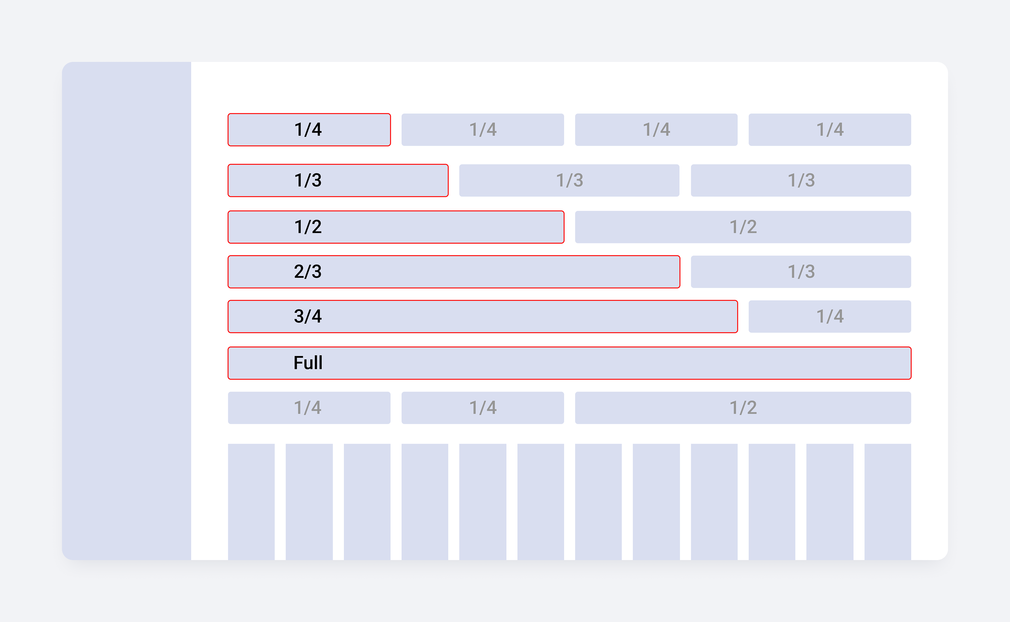 12-column grid with fixed widget proportions